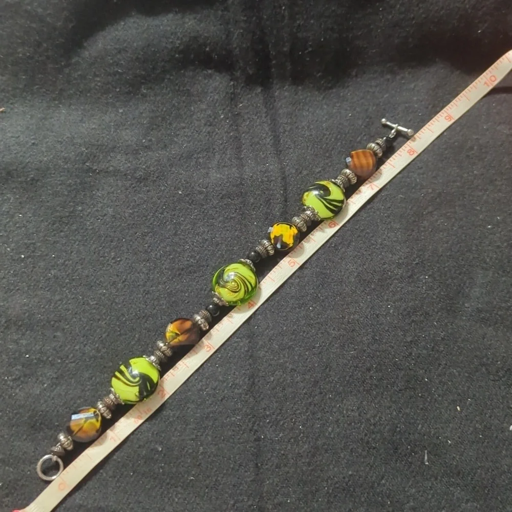 Silver Tone Black Green Orange Brown Swirl Glass Bead Statement Bracelet